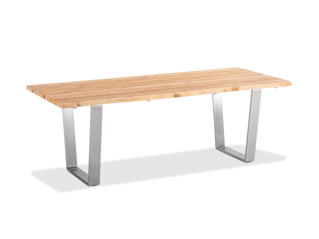 Niehoff Solid Teak Baumkantentisch 280x95cm, Trapezkufe Edelstahl