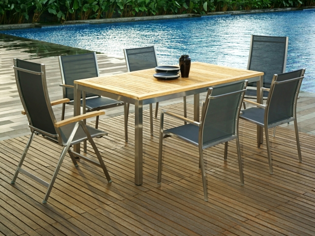 Zebra One Stapelsessel Dark Platinum Edelstahl, Teak Armlehnen