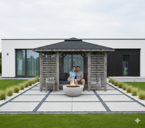 Pavillon Sara 357x357cm Bausatz Fichte kdi grau vorlasiert mit Holzdach